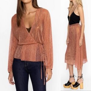 NWT $596 JOHNNY WAS Golden Metallic Sheer EVENING Set Of 2 Top + Midi Skirt Sz M